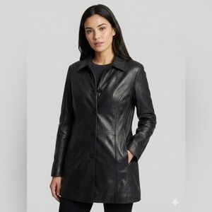 🧥 Danier Black Genuine Leather Mid-Length Coat Women's Large